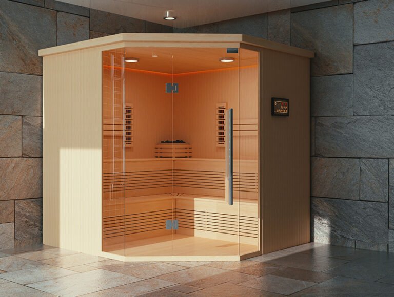 Una sauna de infrarrojos montada en una cochera de la casa. Es más bien el sótano con salida al exterior de la casa.